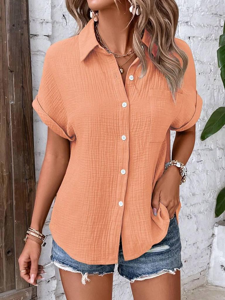 European American Women's Cotton Shirt - 2026 Summer Collection: Solid Color Casual Button-Up
