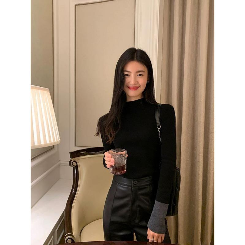 Contrast Color Half Turtleneck Sweater Tops for Women in Autumn and Winter New Slim Fit Design with Base Layer Tops