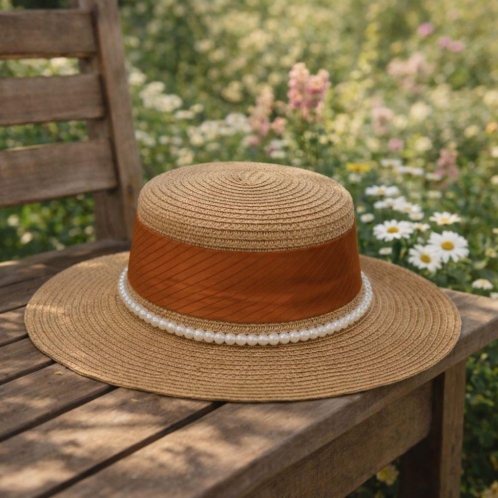 New French Hepburn Style Straw Hat Solid Color UV Protection Pearl Chain Hat Breathable Straw Weaving Flat Sun Hat Beach Wear