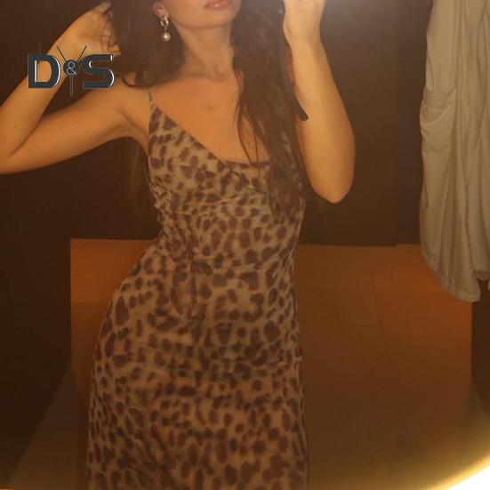 Dámské skluzové šaty Leopardí potisk s úzkým pasem a nízkým výstřihem do V, výstřih do V bez rukávů Plesový koktejlový klub Party Maxi šaty