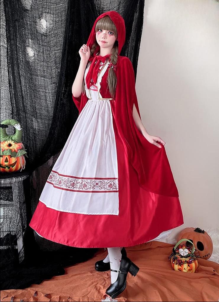 Longpen Lolita Dress, Little Red Riding Hood with Cape, Women's, Adult, Red, Alice, Halloween, Maid Outfit, Gothic, Cosplay, Romantic, Christmas, Part