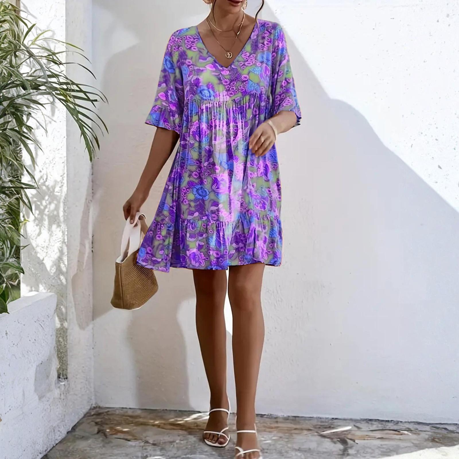 

Women s Stylish Casual V,Neck Floral Print Dress Clothes Sale S синий