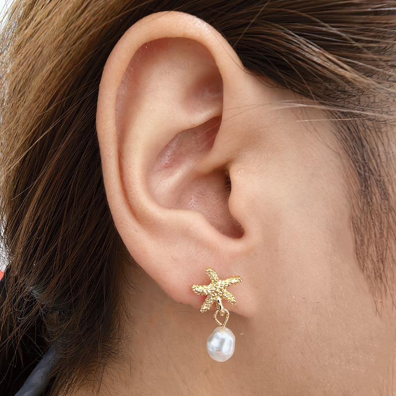 Bohemia Star Fish Earrings Drop Pearl Blue Rhinestones Dangle Earrings For Women Starfish Jewelry Summer Holiday Beach Gifts