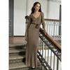Women's New Solid Color Long Sleeve V-neck Slim Bodycon Knitted Maxi Dress Trendy Elegant Fashion Dresses