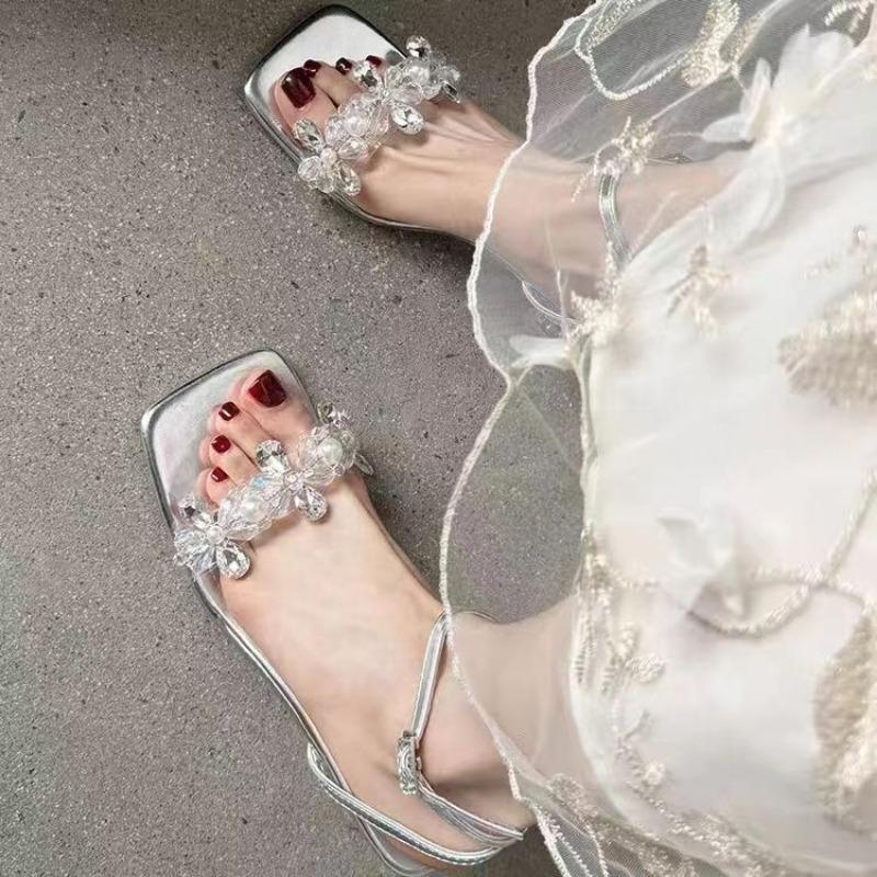 Ladies Shoes On Sale Fashion Ankle Strap Women's Sandals Summer Square Toe Open Toe Solid Dress Transparent Block Heel Sandals