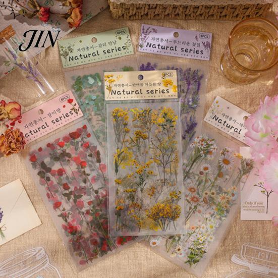 Nature Themed Stickers 6 Sheets/Set Natural Flower Scrapbook Stickers, Waterproof PVC Floral Plants Decals, Botanical Art Transparent Decorative