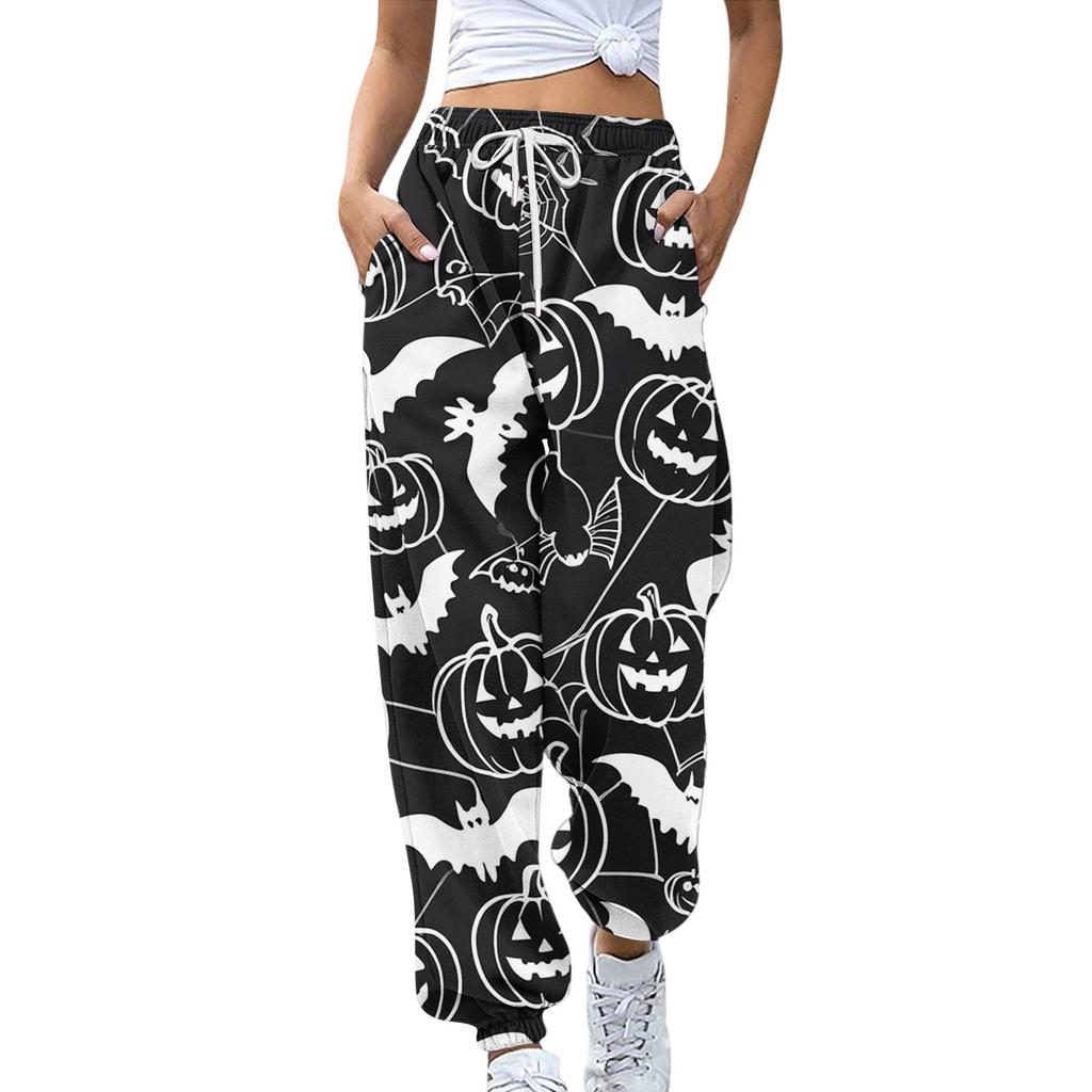 Damsportbyxor med fickor Mode Halloweentryck Elastisk midja Byxor Casual Sweatpants Byxor