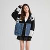 Dimanaf 2025 Autumn New Jacket Women Letter Print Sweaters Coat Patchwork Wadded Coat Cardigan Knitting Pockets Fake Two-Piece Sweater