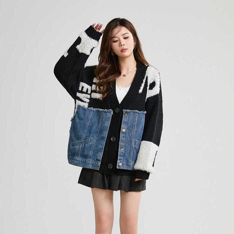 Dimanaf 2025 Autumn New Jacket Women Letter Print Sweaters Coat Patchwork Wadded Coat Cardigan Knitting Pockets Fake Two-Piece Sweater