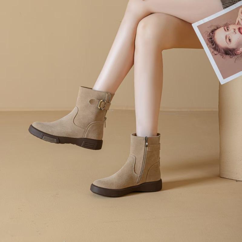 Fashionable Thick-soled Shoes, New Women's Boots, Belt-buckle Boots, Flat-leg Mid-calf Boots