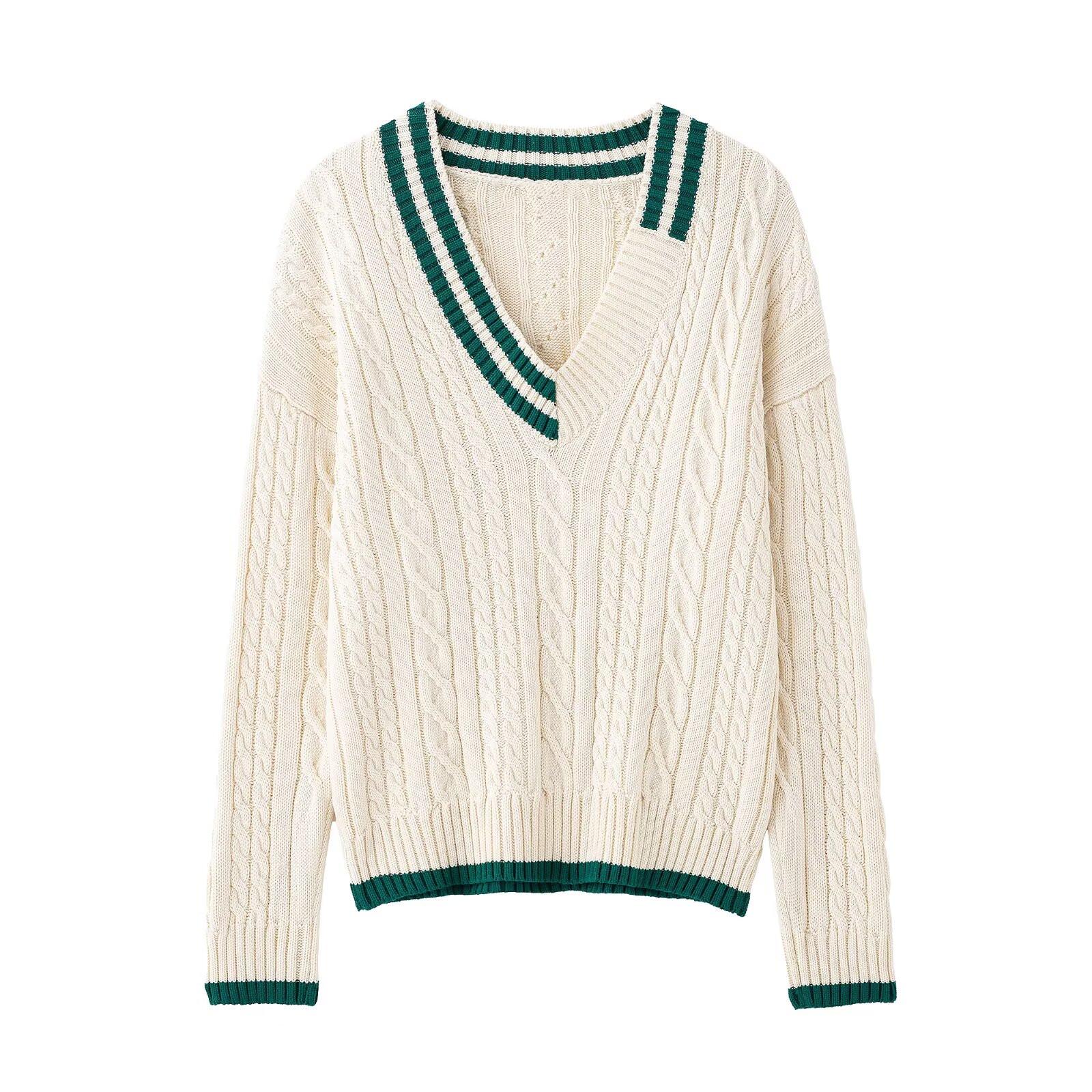 

Весна 2025 Женский повседневный свободный трикотаж с V-образным вырезом и дизайном восьмипрядной косы S