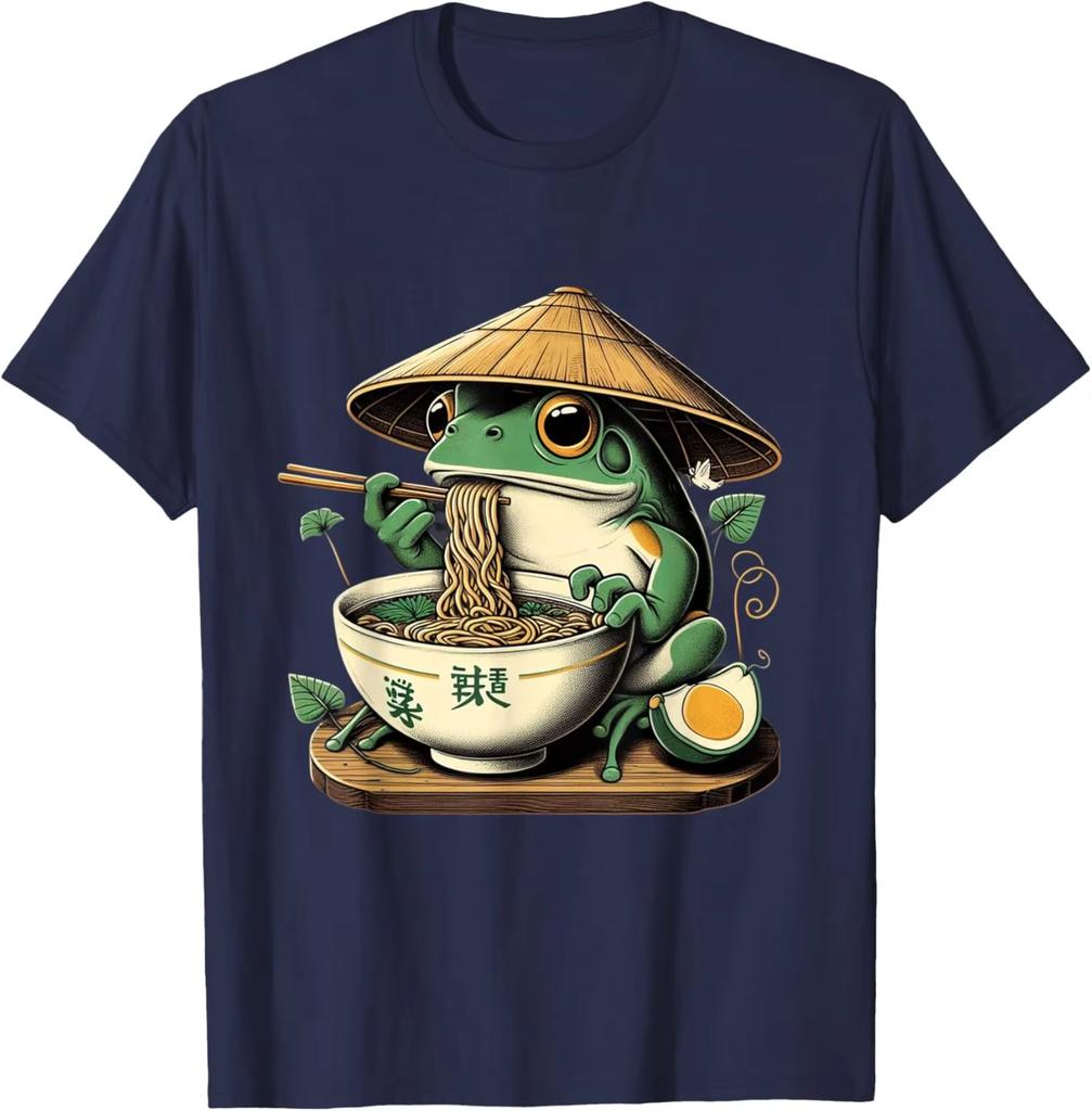 Frog Eating Raunisex Graphic Tee Kawaii Japanese Noodles Anime Lover TShirt Summer Casual Round Neck TShirt