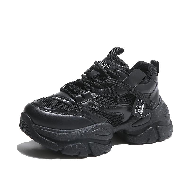 fashion Thick Lace Up Casual Women's Vulcanized Shoes Sports Breathable Leather Thick Sole Mixed Color Outdoor Casual Women's Mesh Shoes