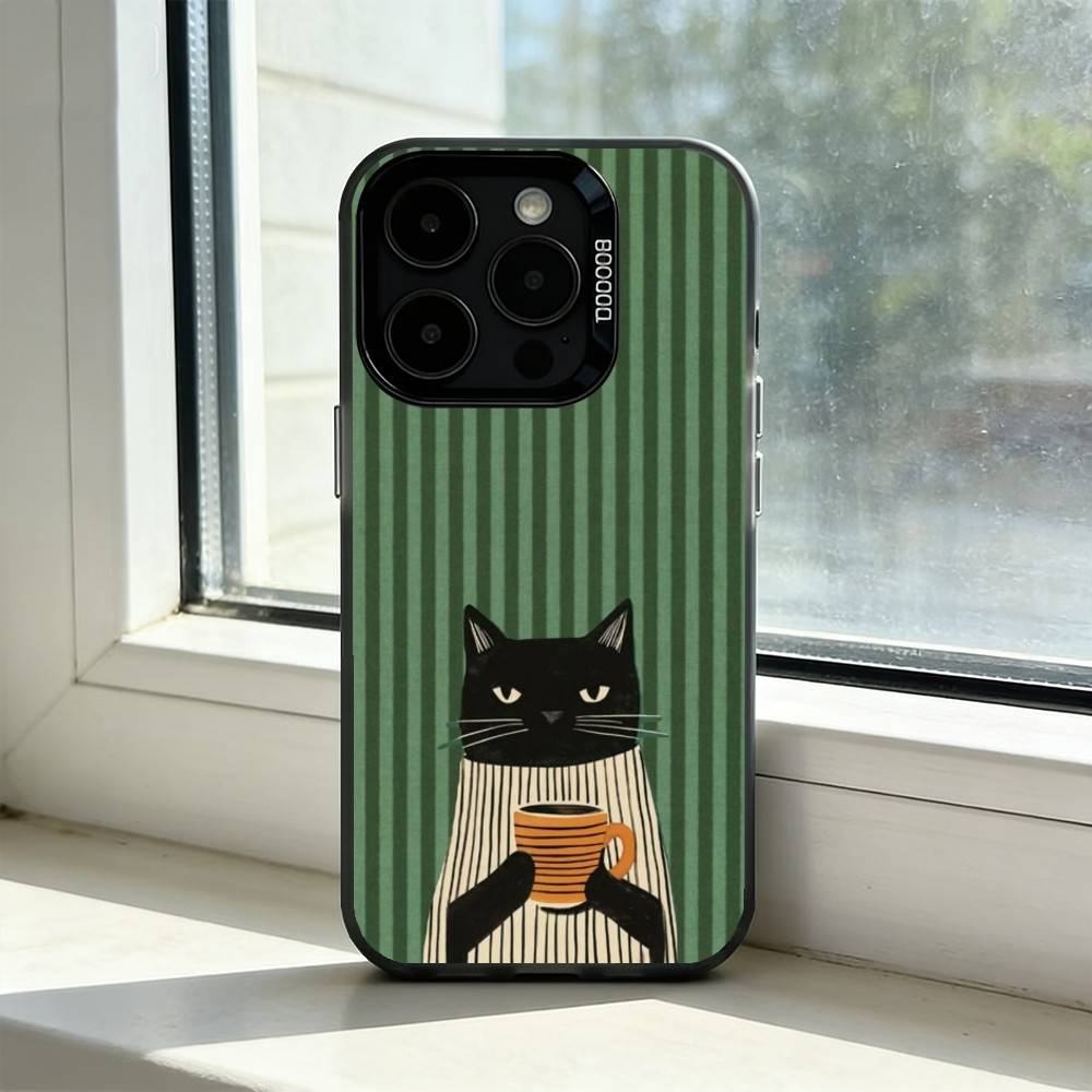 The Lazy Cat with Coffee Phone Case For iPhone 17,16,15,14,13,12,11 Plus,Pro Max,XS,Colorful Silver Black Cover