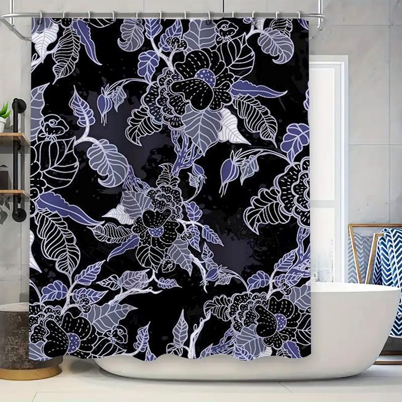 

Blue Floral Shower Curtain Set: Modern White Leaf Print Bathroom Decor For Home Decoration Purple And Black Flower Design Waterp W60H190(CM)-1 Pcs