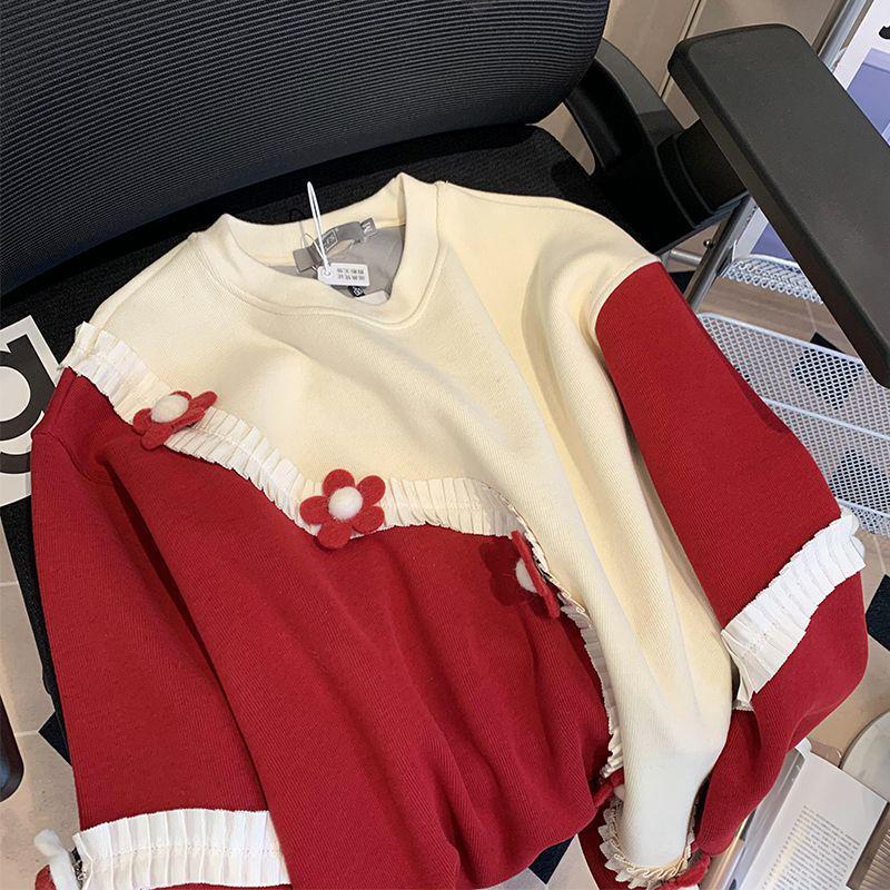 Plus Size Women's Red Fleece Lined Color Block Sweatshirt - Autumn/Winter Thick Long Sleeve Top, 300 Jin Design