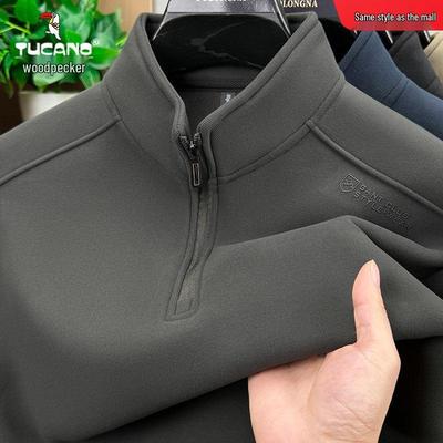 Woodpecker 2025 Men's Half-Zip Stand-Up Collar Hoodie with Plus Velvet for Autumn/Winter.