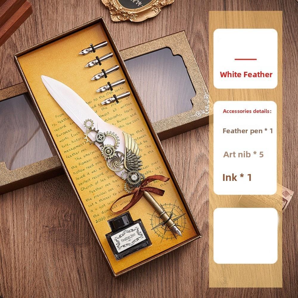 Replaceable 5 Nib Metal Signature Pen Retro Punk Feather Pen  Writing Accessories