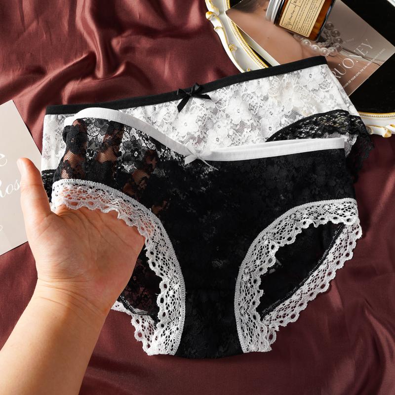 Sexy Transparent Lace Flower Panties New Fashion Middle Waist Bowknot Mesh Underwear for Women Lingerie