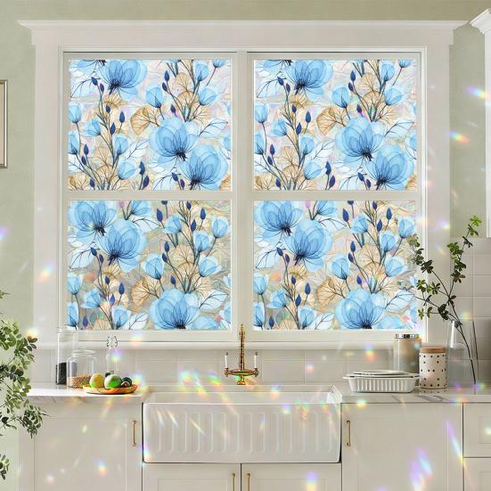 Window Privacy Film Wildflower Decorative Static Cling Vintage Floral Butterfly Window Stickers Non-adhesive Easy Care Decals for Home Kitchen Living