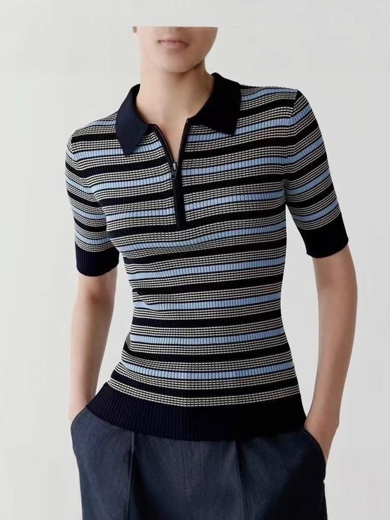 Silk Cotton Women's 2025 Spring Stripe Zipper Slim Fit Long Sleeve Knit Cardigan Top