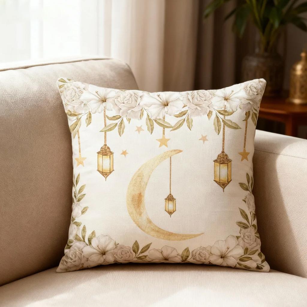 Ramadan Oil Lamp Printed Moon Pillowcase Festive Decoration Home Cushion Linen Breathable Sofa Cushion