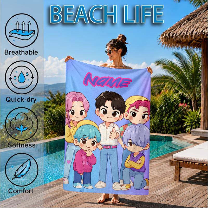 Custom Name Fantasy Friends KPop Beach Towel Microfiber Beach Towel, Lightweight and Quick-Dry, for Summer Travel, Swimming Pool Gift