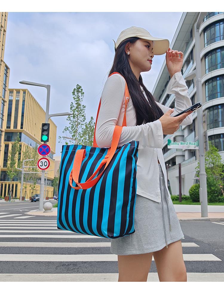 2026 Trendy Korean Color Block Stripe Large Tote Bag