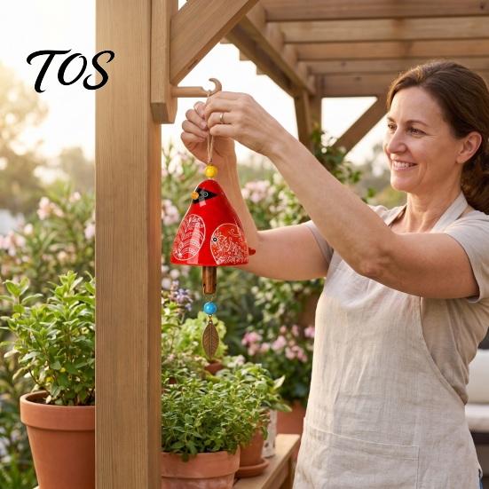 Outdoor Courtyard Accessories Bird Wind Chime with Bell, Hand-Painted Resin Hanging Decoration Bell Decor for Garden Patio Porch, Yard Art Window