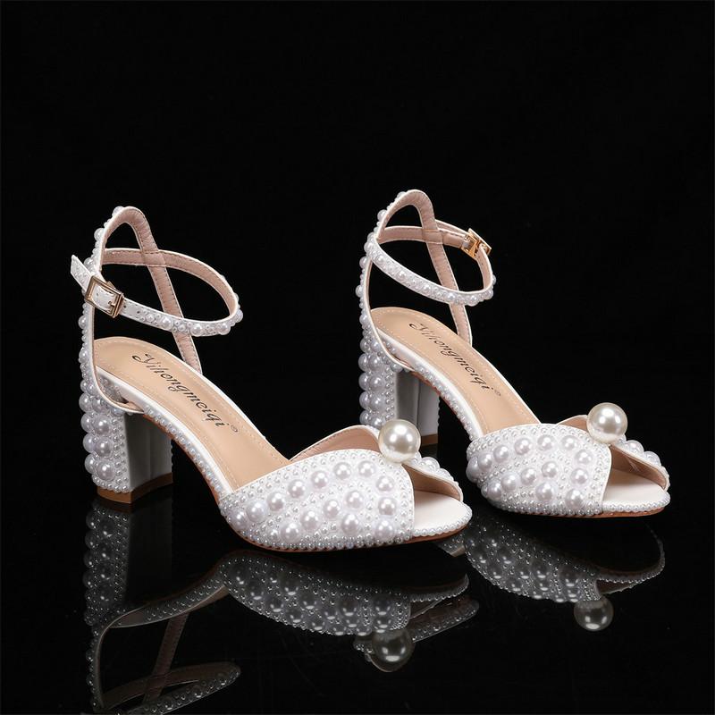 Fashion Sweet Handmade Pearl Stiletto Line With Shallow Cut Party Wedding Shoes Thick Heels High Heels For Women