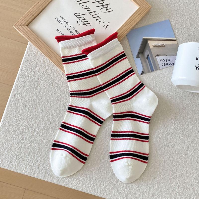 Women's Autumn and Winter Dopamine Striped Mid-calf Socks with Rolled-up and Loose Cuffs, Versatile Pile Socks