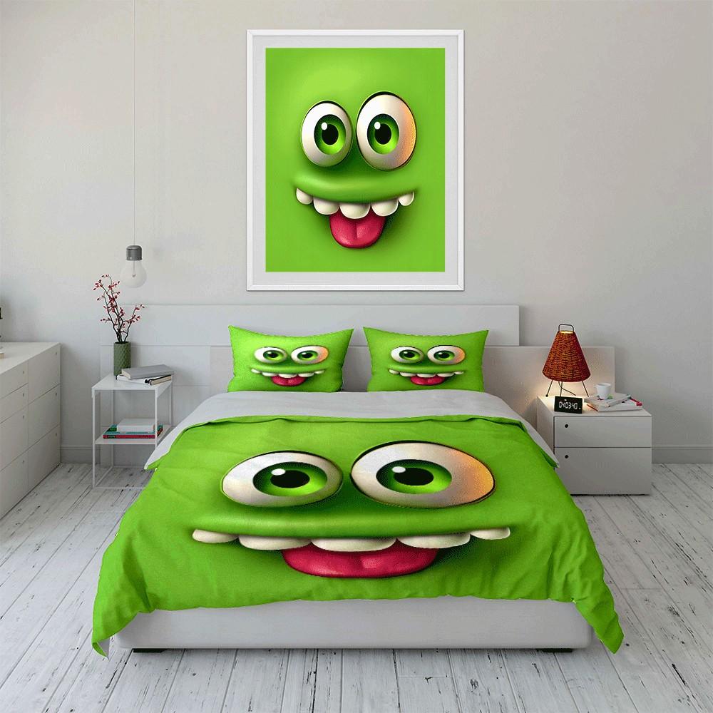Playful Green Monster Trio Design Exquisite Three-Piece Bedding Set Gift For Kids And Adults