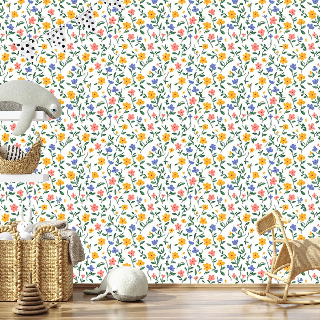 Cottagecore Flowers Wallpaper White and Light Gray 50x1000