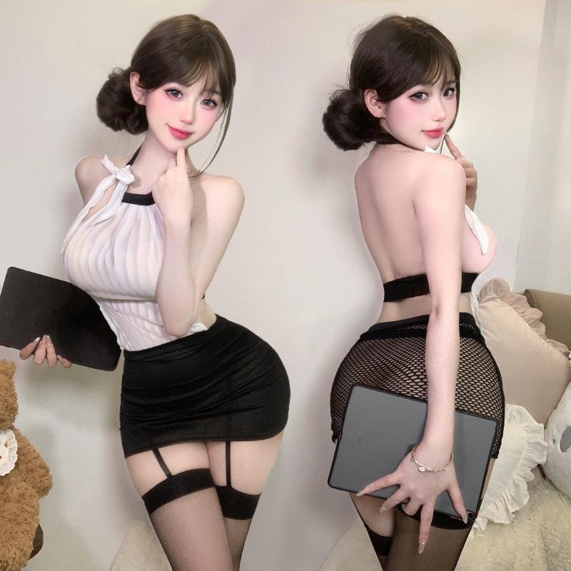 Ladies' Sexy Lingerie Tight Fitting Hip Hugging Skirt Pure Desire Secretary Uniform Temptation Perspective Hollow Out Set