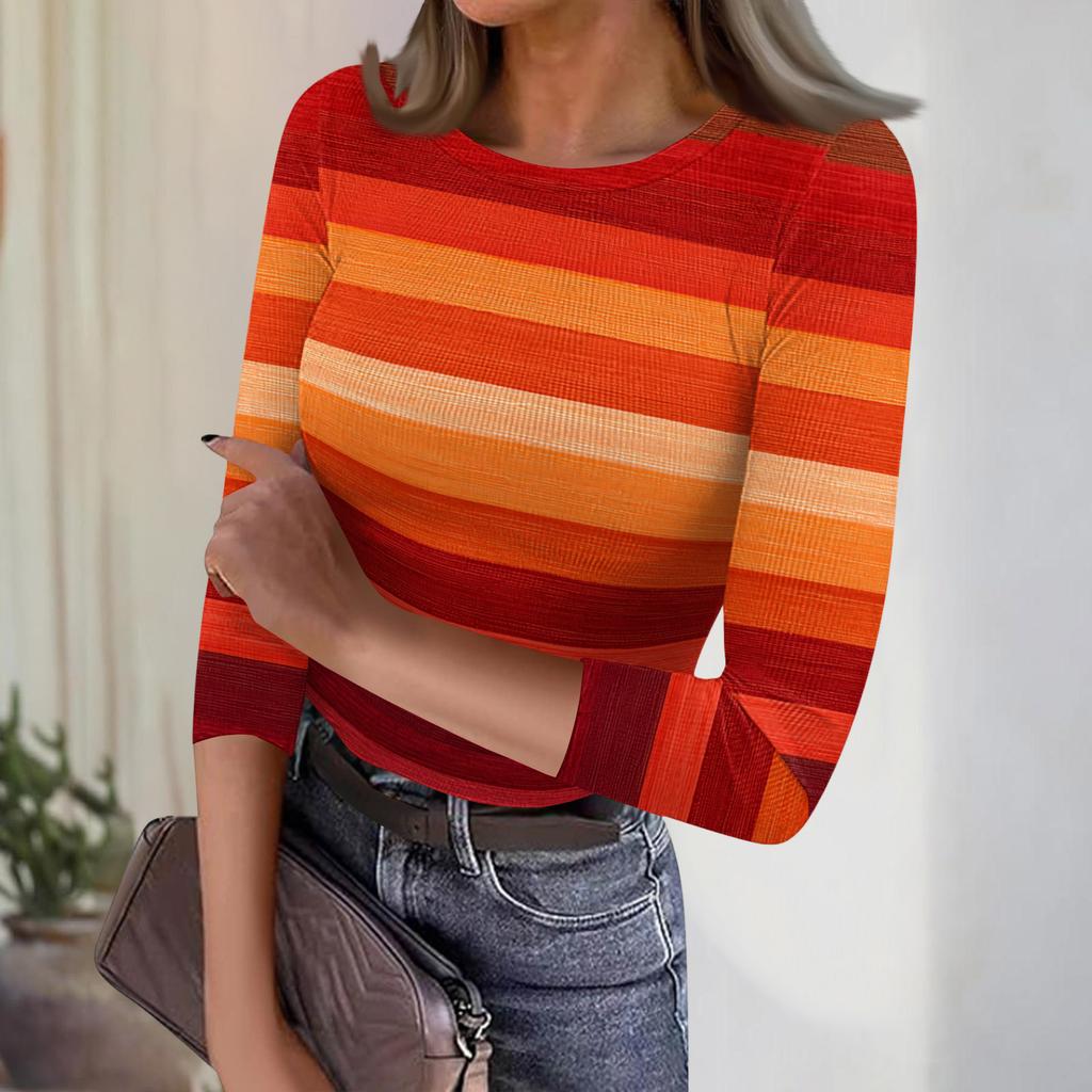 Dam Casual Mode Rundhalsad Randig Tryck Trekvartsärm Ribbad Topp