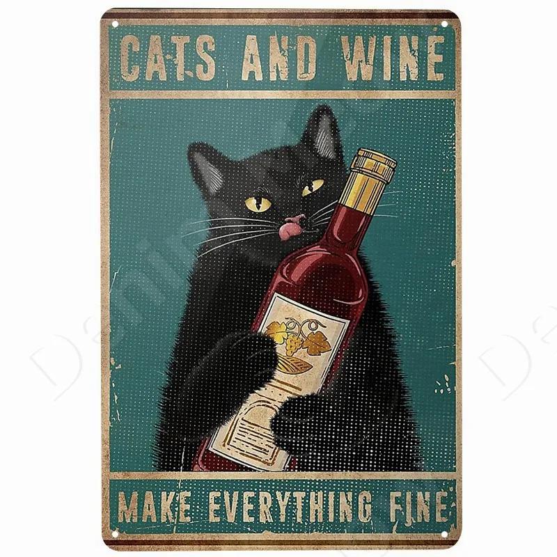Cats and Wine Vintage Metal Sign Dog and Beer Wall Decoration for Bar Home Club Let Evening Be-Gin Tin Poster Funny Plate