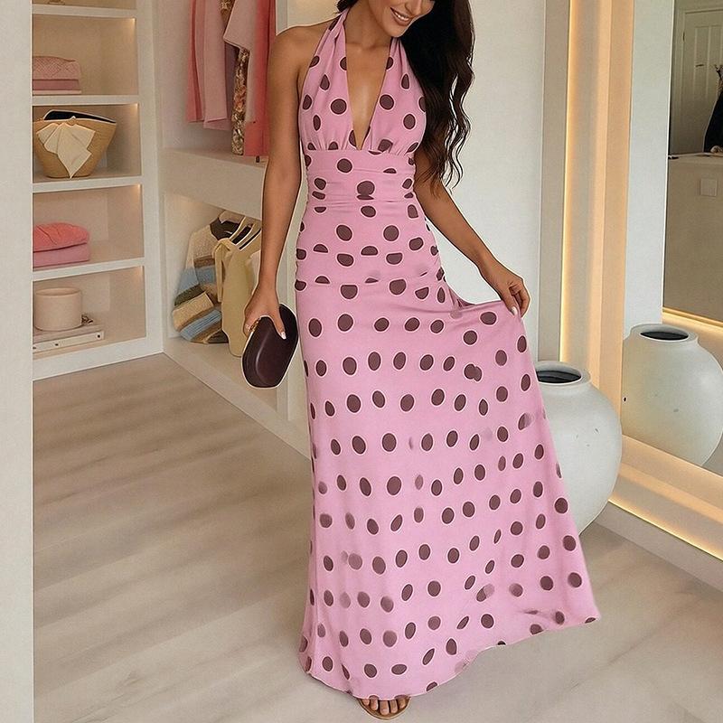 Women s clothing, new spring models in Europe and America, elegant V-neck polka-dot halter neck dress S