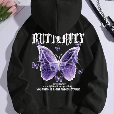 Krásné fialové mikiny s potiskem motýlů Dámská fleecová mikina s kapucí a kapsou Jednoduchá ležérní mikina Podzimní volná dámská streetwear