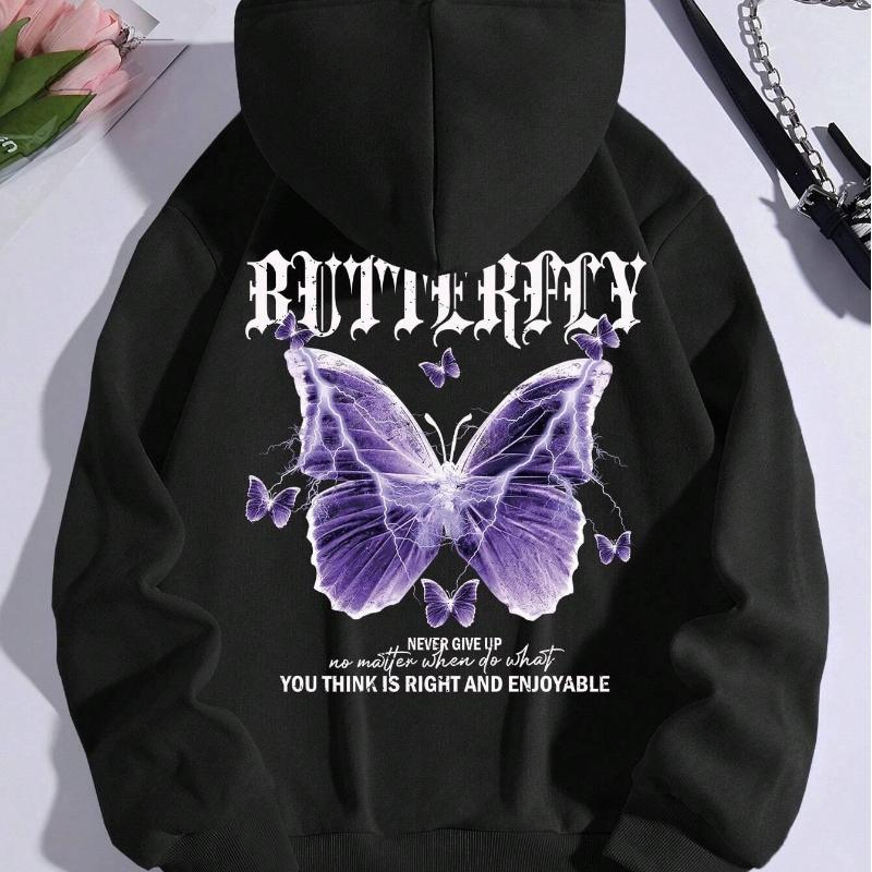 Beautiful Purple Butterfly Printing Hoodies Women Fleece Pocket Hoody Simple Casual Hoodie Autumn Loose Female Streetwear