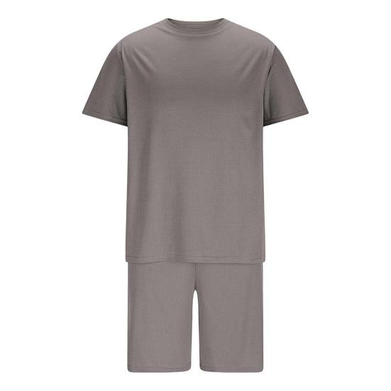 2Pcs/Set Men Sports Suit O-Neck Short Sleeve T-shirt Elastic Waist Wide Leg Shorts Set Solid Color Waffle Fabric Sportswear