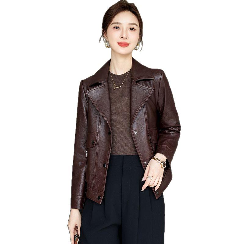 2025 Women’s Short Lambskin Leather Jacket - High-End, Long Sleeve, Turn-Down Collar, Petite Fit, Casual Spring/Autumn Outerwear