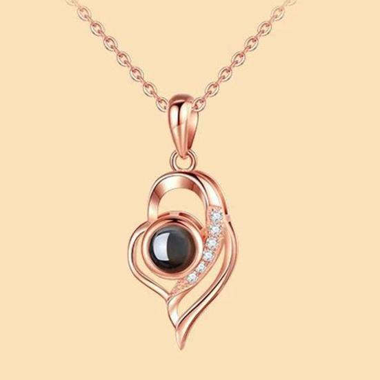 I Love You In 100 Languages Rhinestone Inlaid Hollow Heart Projection Necklace