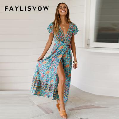 Floral Bohemian Summer Dress Long Sleeve V-Neck Sunflower Women Long Dress Holiday Beach Clothes