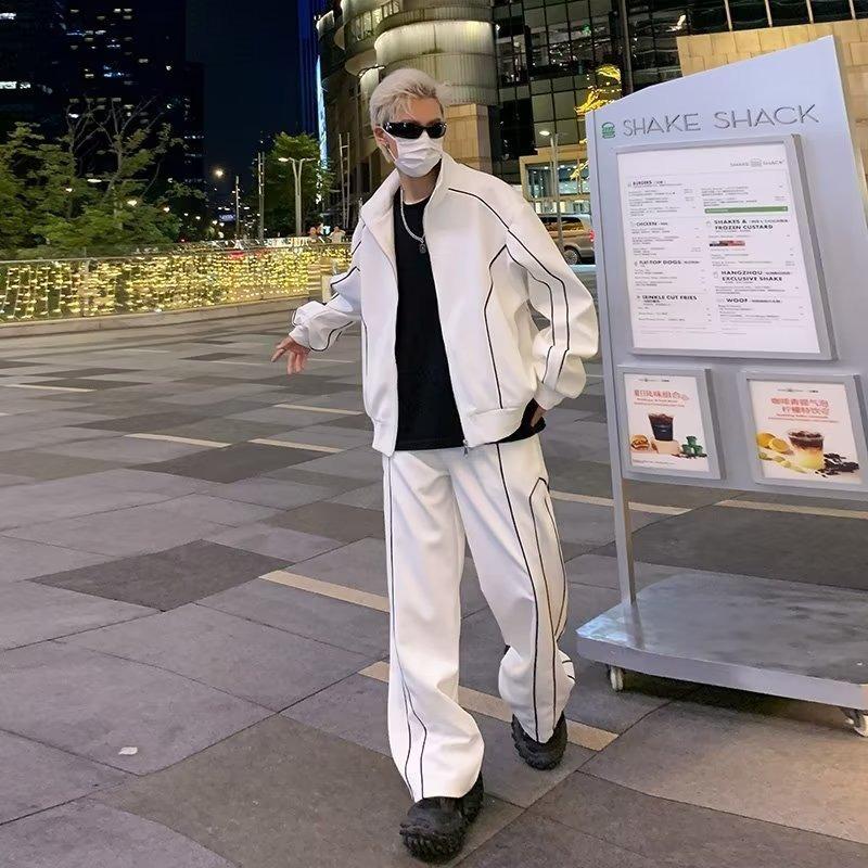 Pánská trendy volná bunda a kalhoty: Korejský styl jednobarevný na jaro a podzim