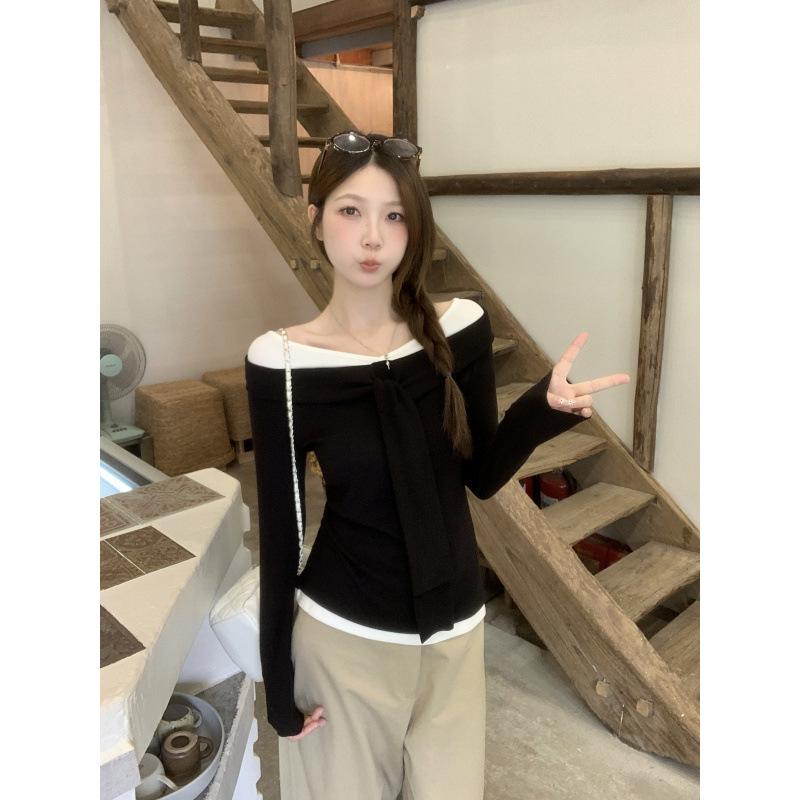 2026 Spring Plus Size Women s Color Block One Shoulder Slimming T-Shirt 4XL чёрный