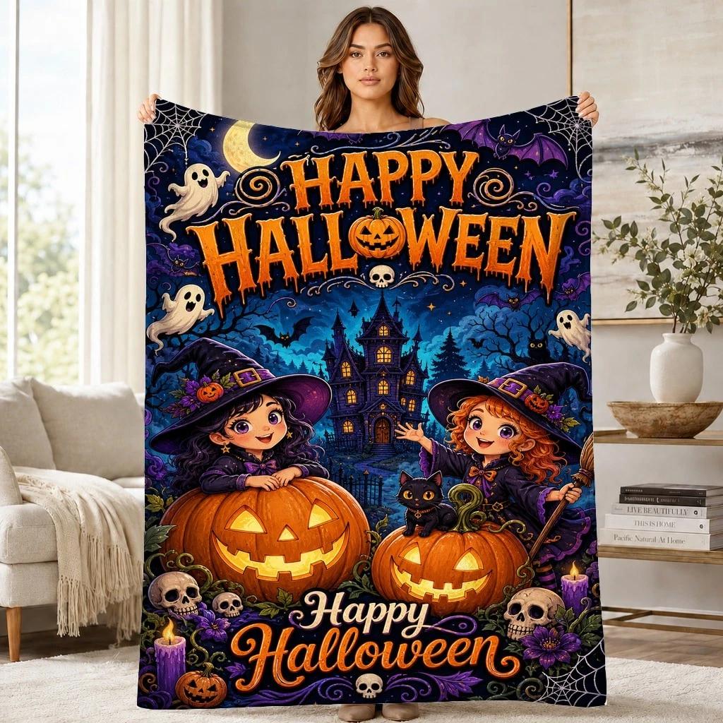 Happy Halloween Witches Coral Fleece Blanket Spooky Decor