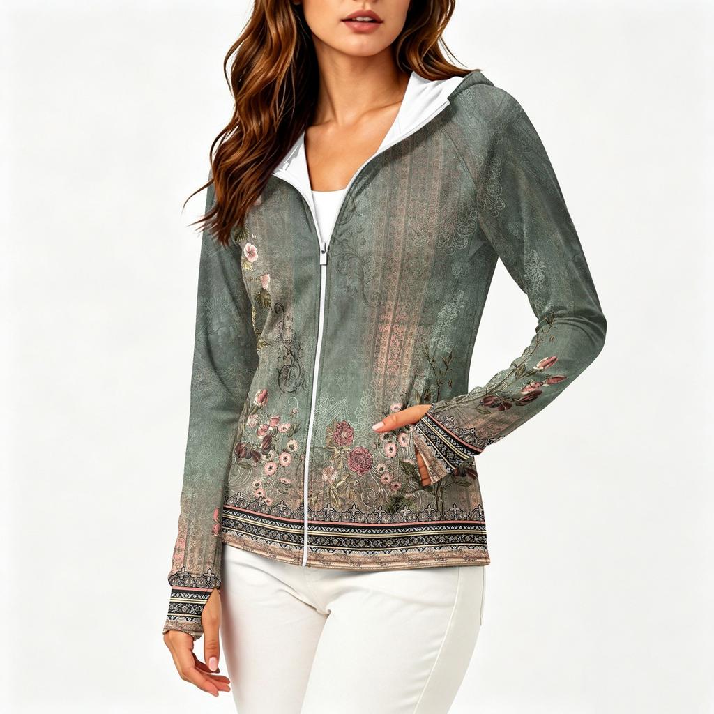 Chaqueta Ligera con Cremallera y Capucha para Mujer, Manga Larga, Estampado Floral, Protección Solar, Ropa Exterior con Bolsillos