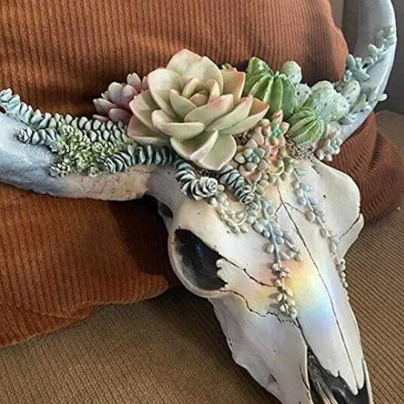 Cow Skull Wall Pendant Succulents/Flower Rose Resin Miniature Home Garden Decorations Animal Figurines Crafts Sculpture