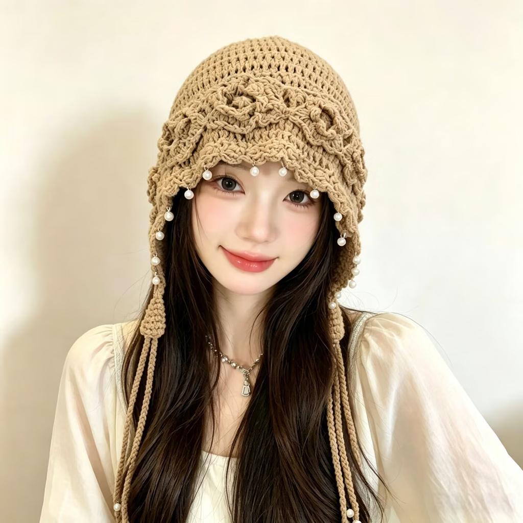 Pearl tassel three-dimensional flower knitted wool hat women's spring and summer hand-woven ethnic style pullover hat Baotou hat