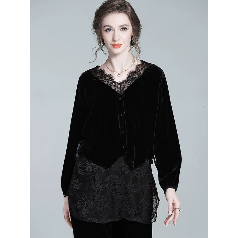 French Style Foreign Trade Order Soft Shirts! Women Eyelash Lace Stitching Fake Two Pieces V-neck Real Velvet Long Coat Autumn and Winter